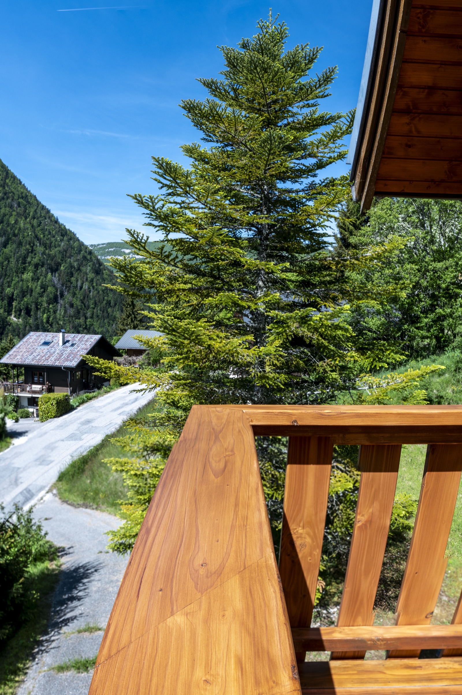 Garde-corps bois sur balcon de chalet en montagne, Savoie