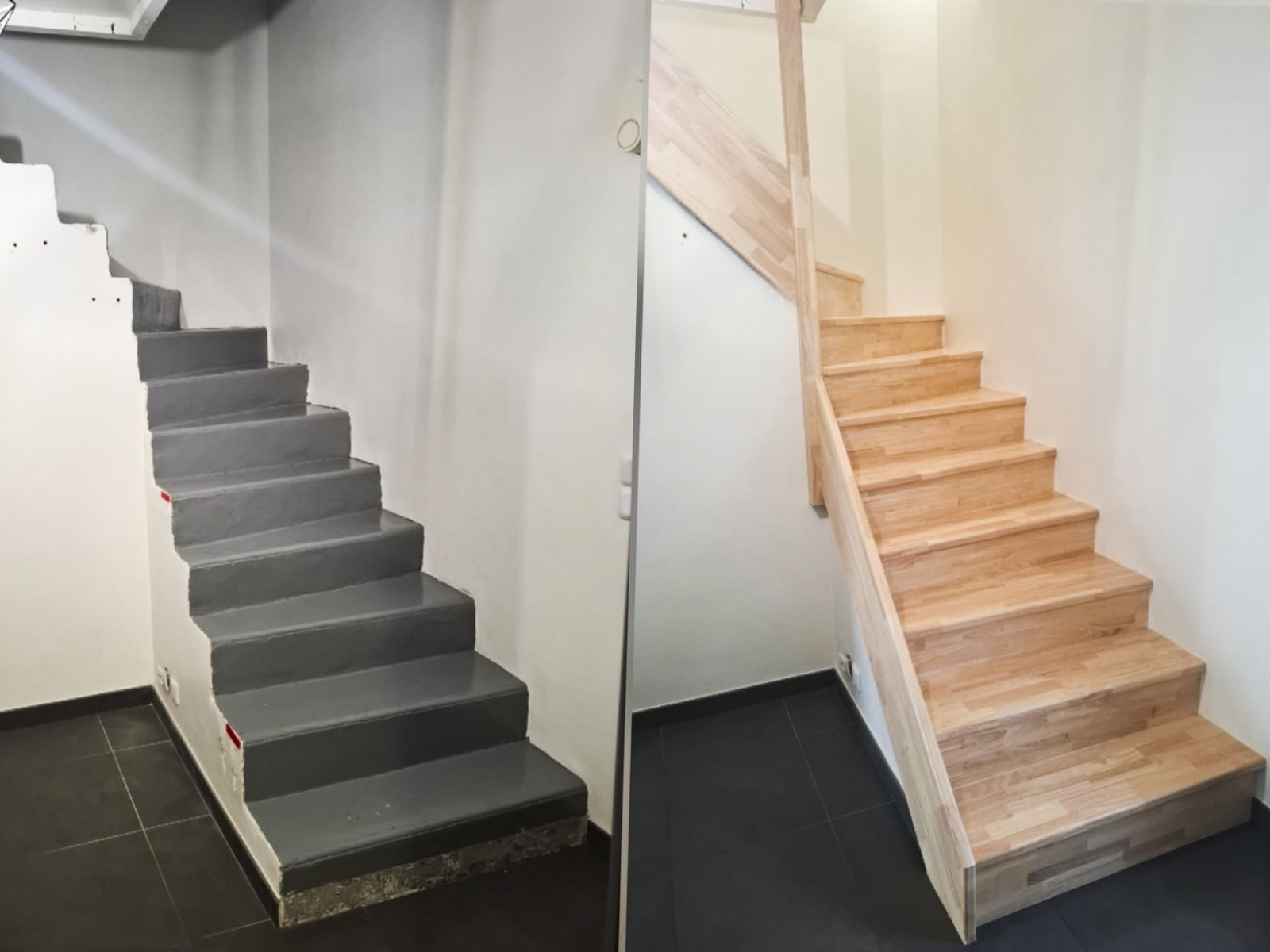 Habillage bois d'un escalier béton, avant et après — menuiserie